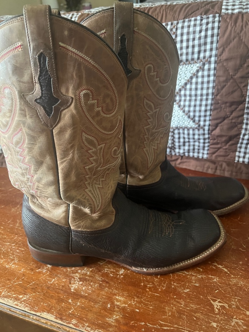 Lucchese size 15d square toe Cowboy Boots in Brown and Black